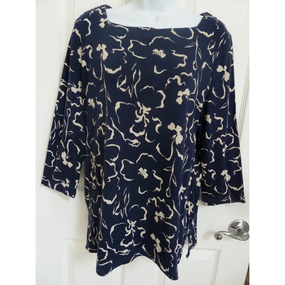 Chico's Size 2 Large Square Neck Tunic Top 100% Pima Cotton Abstract Floral Blue